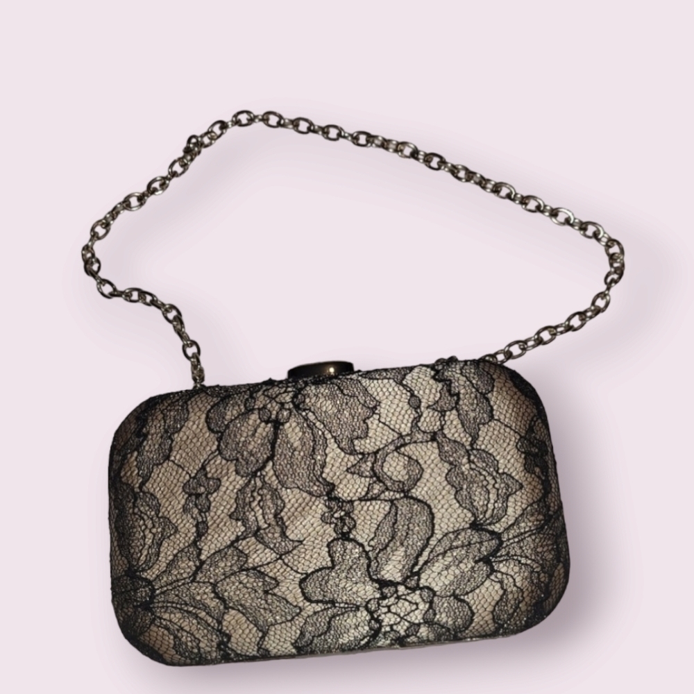 Vintage Banana Republic Floral Lace Clutch Purse Black & Gold